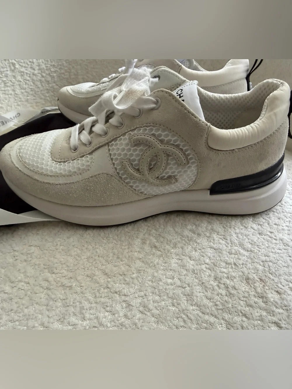 CHANEL Cream and White Interlaced CC Logo Sneakers